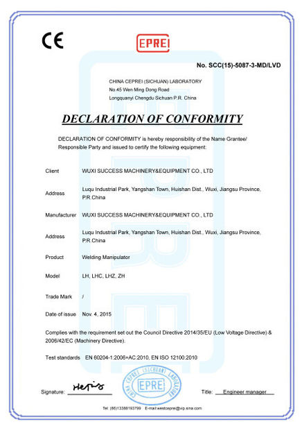 Chiny WELDSUCCESS AUTOMATION EQUIPMENT (WUXI) CO., LTD Certyfikaty